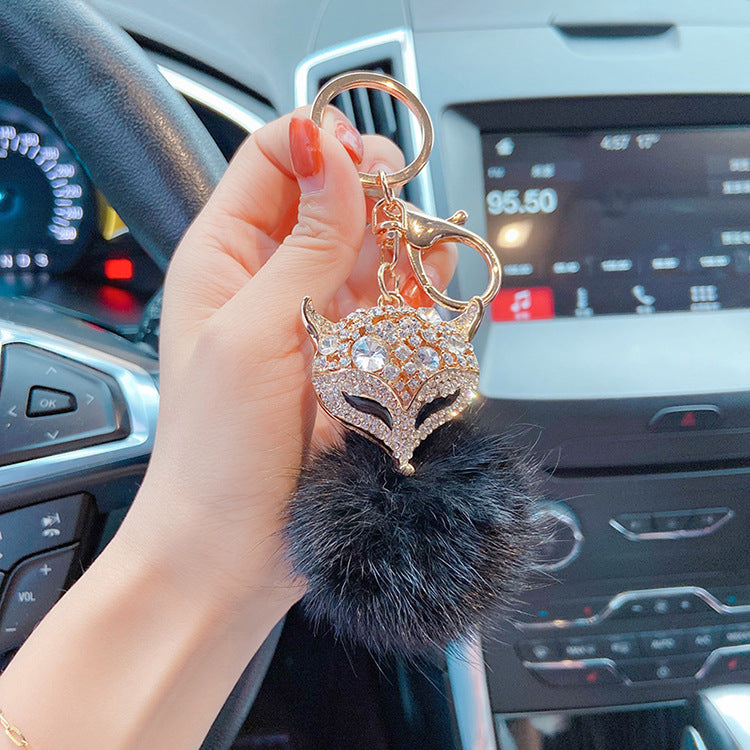 Sparkly Cute Bling Fluffy Fox Head Keychains with Rhinestone