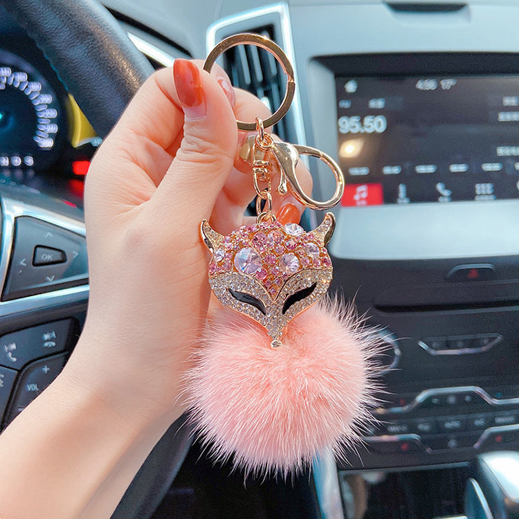 Sparkly Cute Bling Fluffy Fox Head Keychains with Rhinestone
