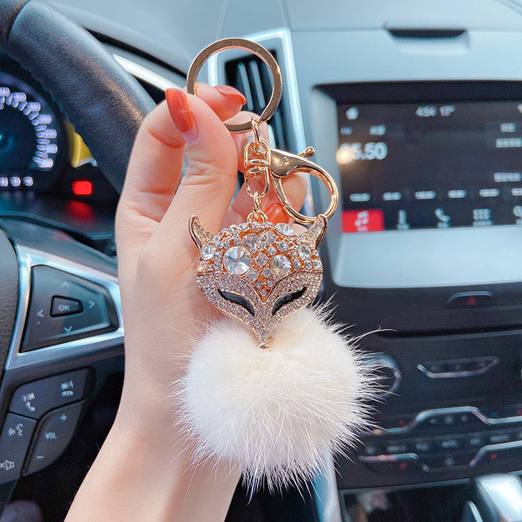 Sparkly Cute Bling Fluffy Fox Head Keychains with Rhinestone