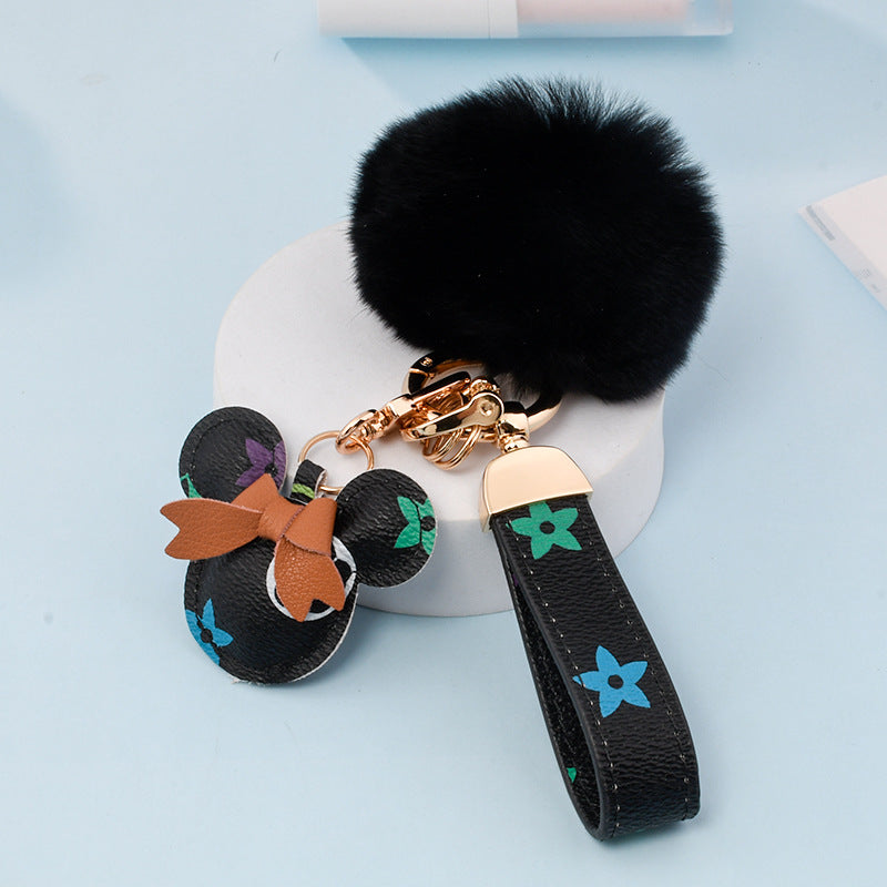 Cute PU Leather Minnie&Micky Keychains with Fluffy Pompon(Item No.:LK006)