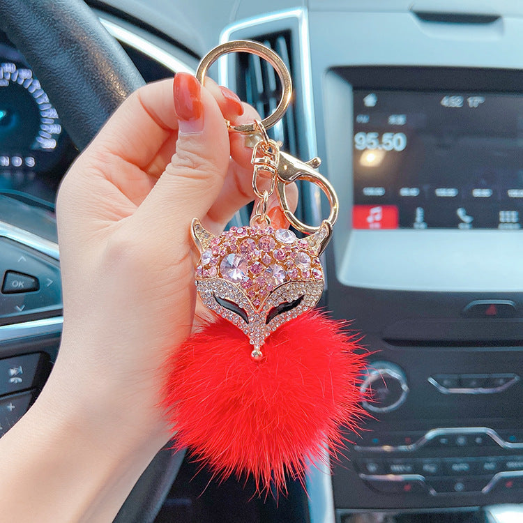 Sparkly Cute Bling Fluffy Fox Head Keychains with Rhinestone