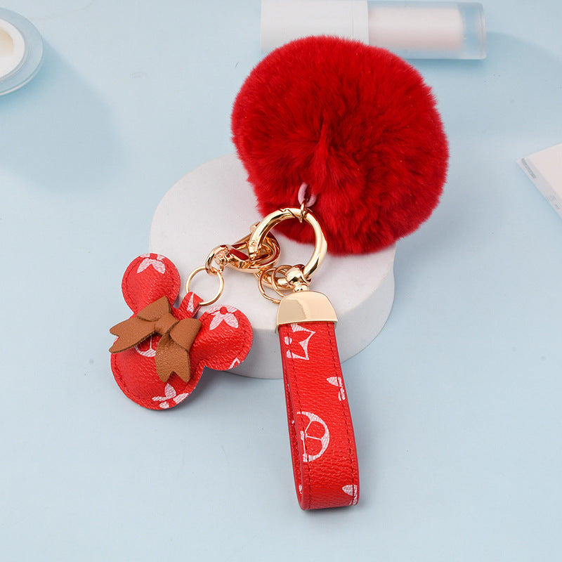 Cute PU Leather Minnie&Micky Keychains with Fluffy Pompon(Item No.:LK006)