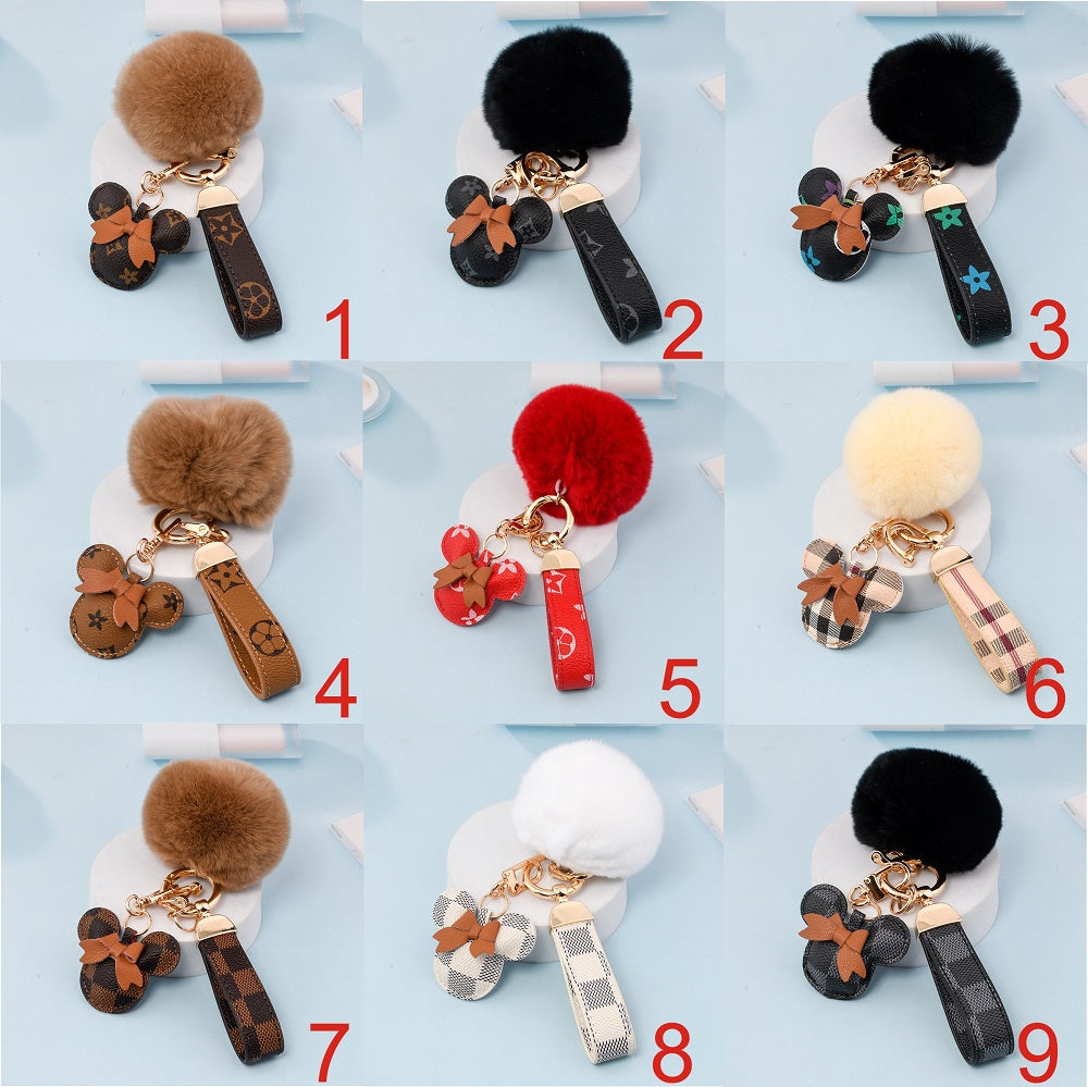Cute PU Leather Minnie&Micky Keychains with Fluffy Pompon(Item No.:LK006)