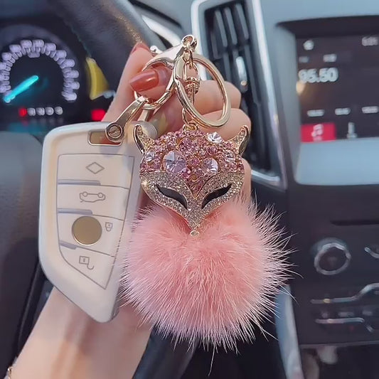 Sparkly Cute Bling Fluffy Fox Head Keychains with Rhinestone